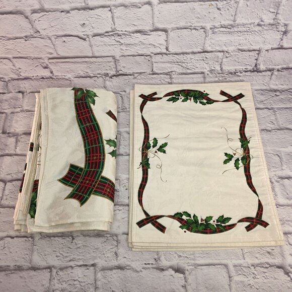Lenox Holiday Nouveau 60 X 139" Large Tablecloth w/ 6 Napkins Christmas Holly Ri - Picture 3 of 8